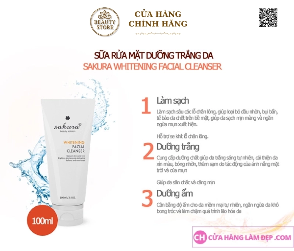 Sữa Rửa Mặt Dưỡng Trắng Da, Hỗ Trợ Ngừa Lão Hóa Sakura Whitening Facial Cleanser