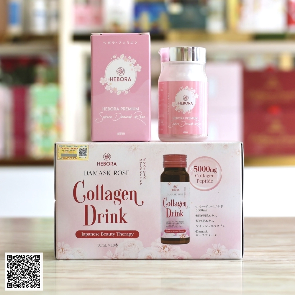 Bộ Đôi Hebora Trẻ Hoá, Ngát Hương Hebora Premium Sakura Damask Rose & Hebora Damask Rose Collagen Drink 2 Món Từ Nhật Bản